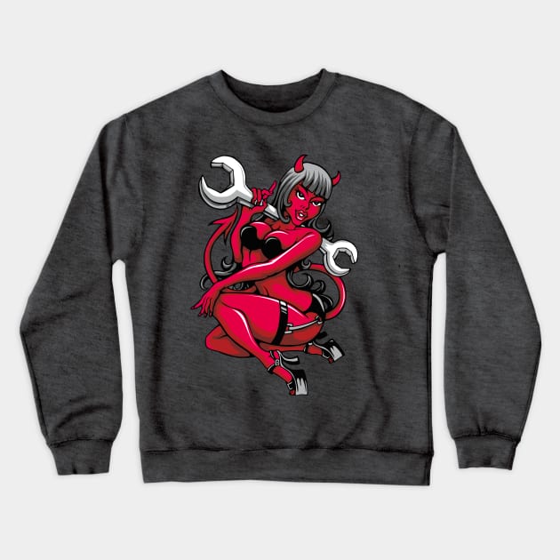 Devil Pin-Up Girl with Big Wrench Crewneck Sweatshirt by fatline